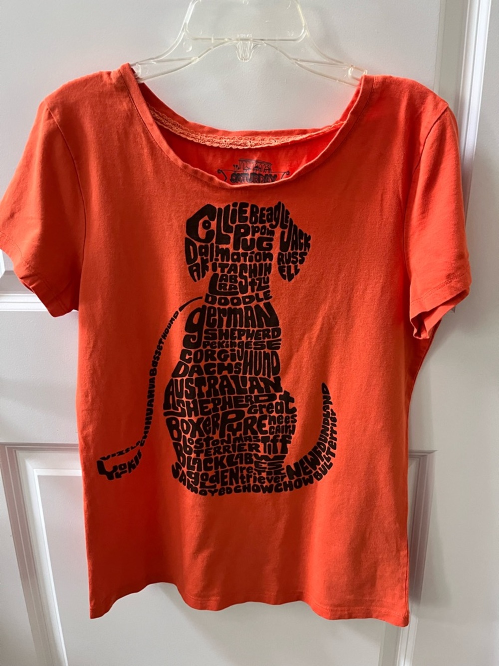 Saturday Market Women’s  Bright Orange Different Dog Breed Shirt Med